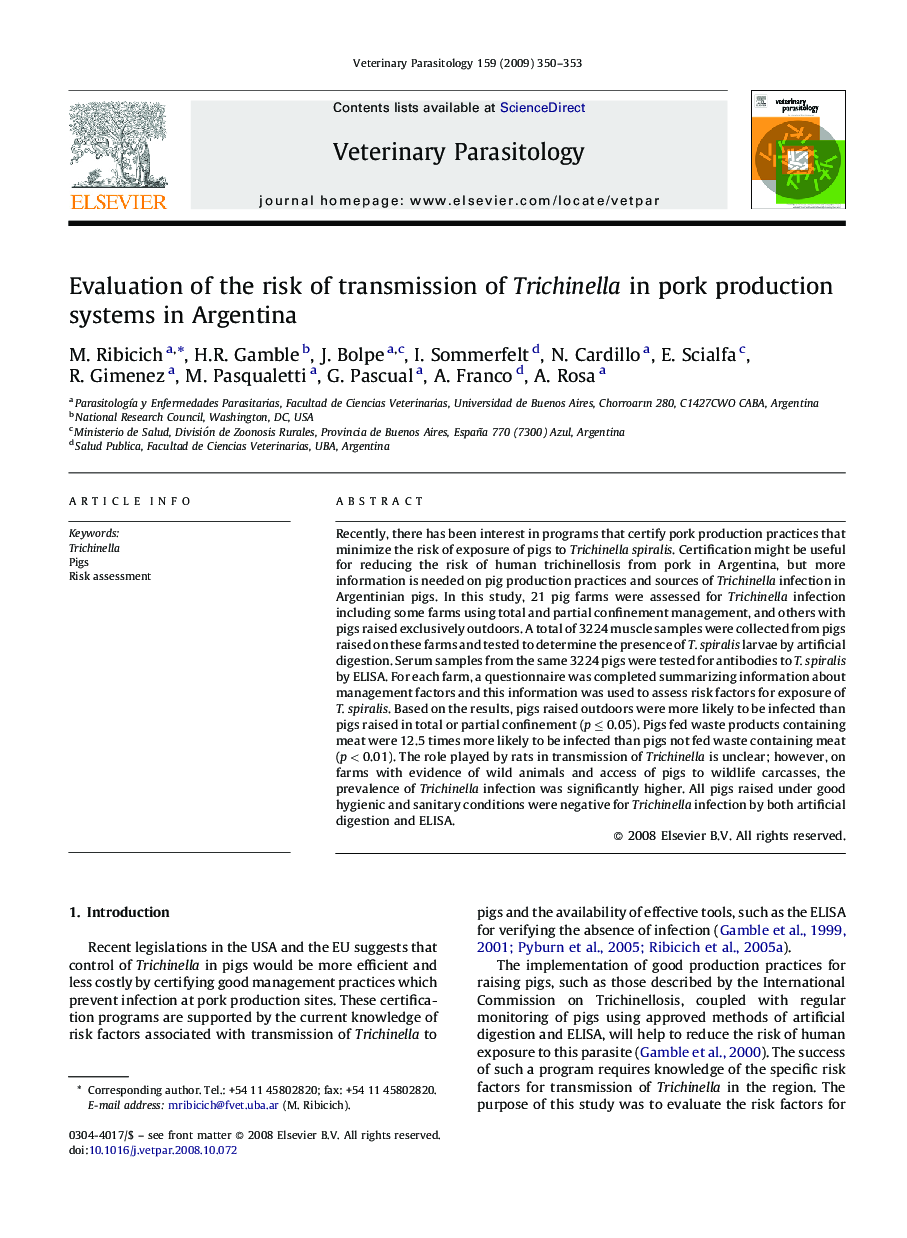 Evaluation of the risk of transmission of Trichinella in pork production systems in Argentina