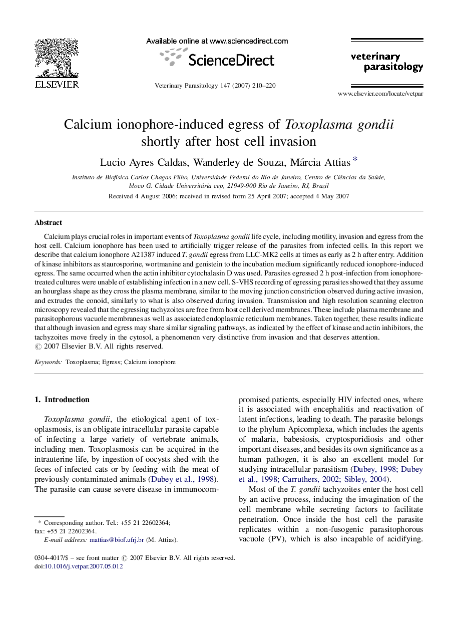 Calcium ionophore-induced egress of Toxoplasma gondii shortly after host cell invasion