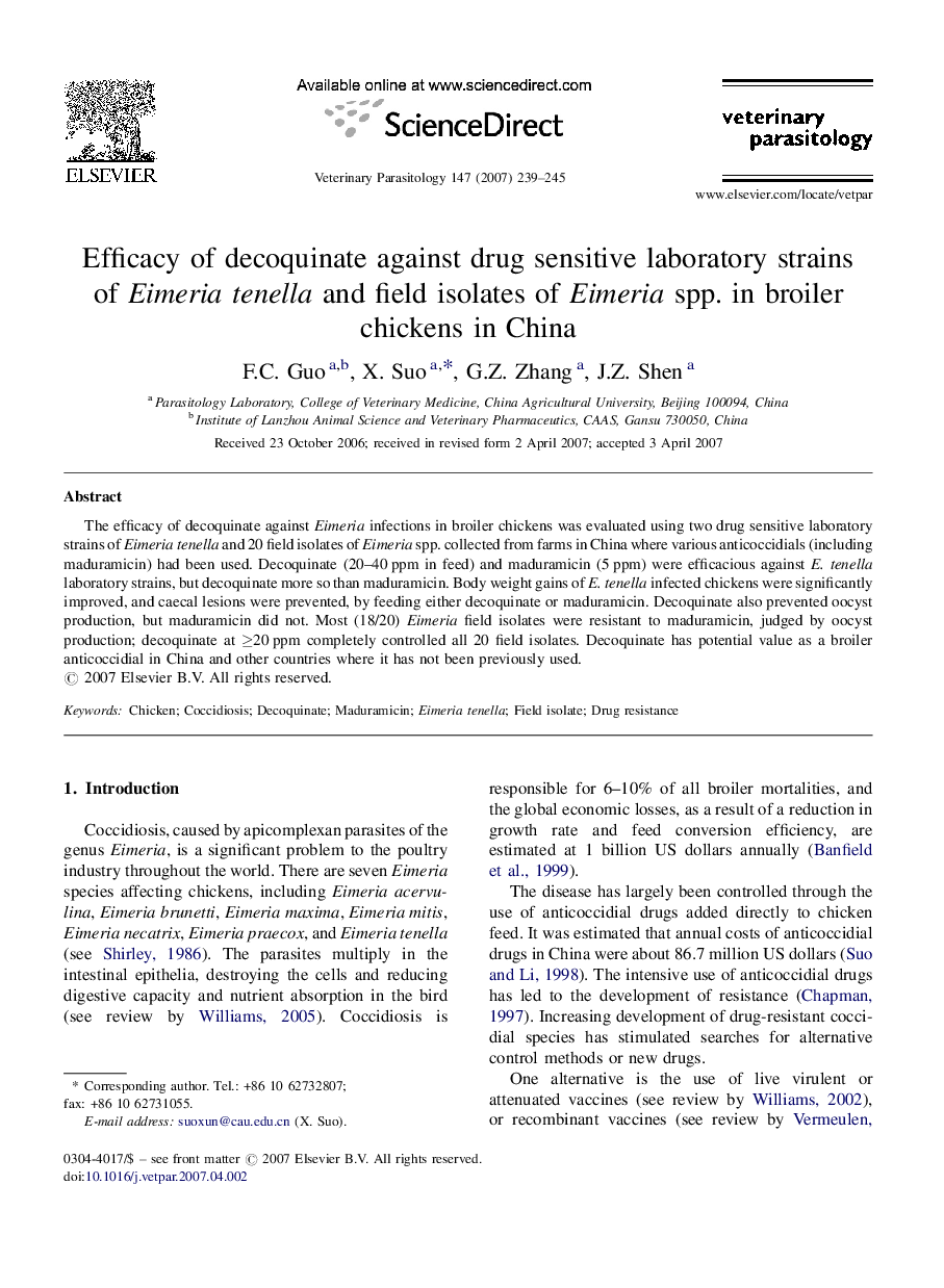 Efficacy of decoquinate against drug sensitive laboratory strains of Eimeria tenella and field isolates of Eimeria spp. in broiler chickens in China