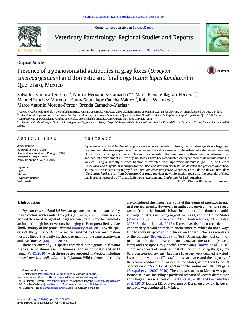 Presence of trypanosomatid antibodies in gray foxes (Urocyon cinereoargenteus) and domestic and feral dogs (Canis lupus familiaris) in Queretaro, Mexico