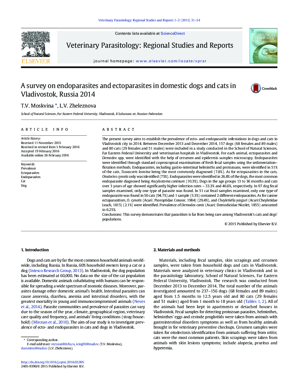 A survey on endoparasites and ectoparasites in domestic dogs and cats in Vladivostok, Russia 2014