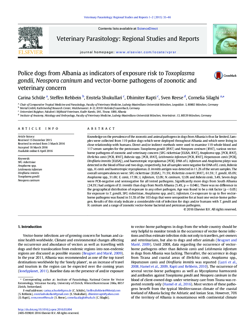 Police dogs from Albania as indicators of exposure risk to Toxoplasma gondii, Neospora caninum and vector-borne pathogens of zoonotic and veterinary concern