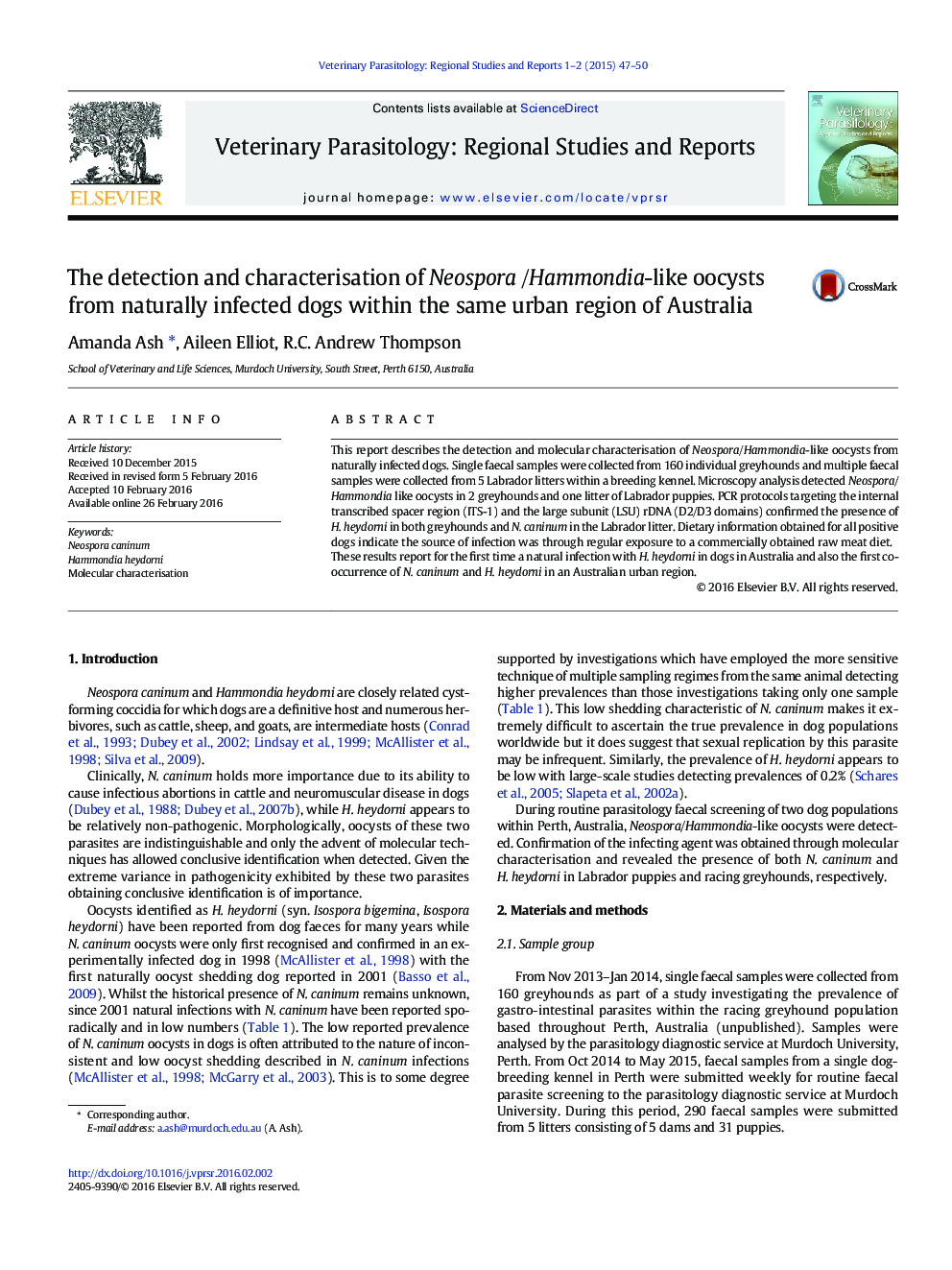 The detection and characterisation of Neospora /Hammondia-like oocysts from naturally infected dogs within the same urban region of Australia