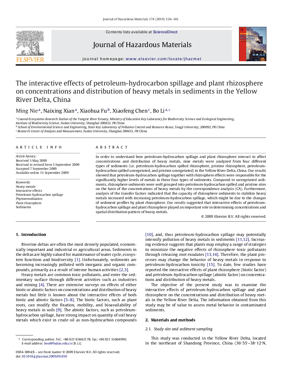 عکس صفحه اول مقاله: The interactive effects of petroleum-hydrocarbon spillage and plant rhizosphere on concentrations and distribution of heavy metals in sediments in the Yellow River Delta, China The interactive effects of petroleum-hydrocarbon spillage and plant rhizosphere on concentrations and distribution of heavy metals in sediments in the Yellow River Delta, China