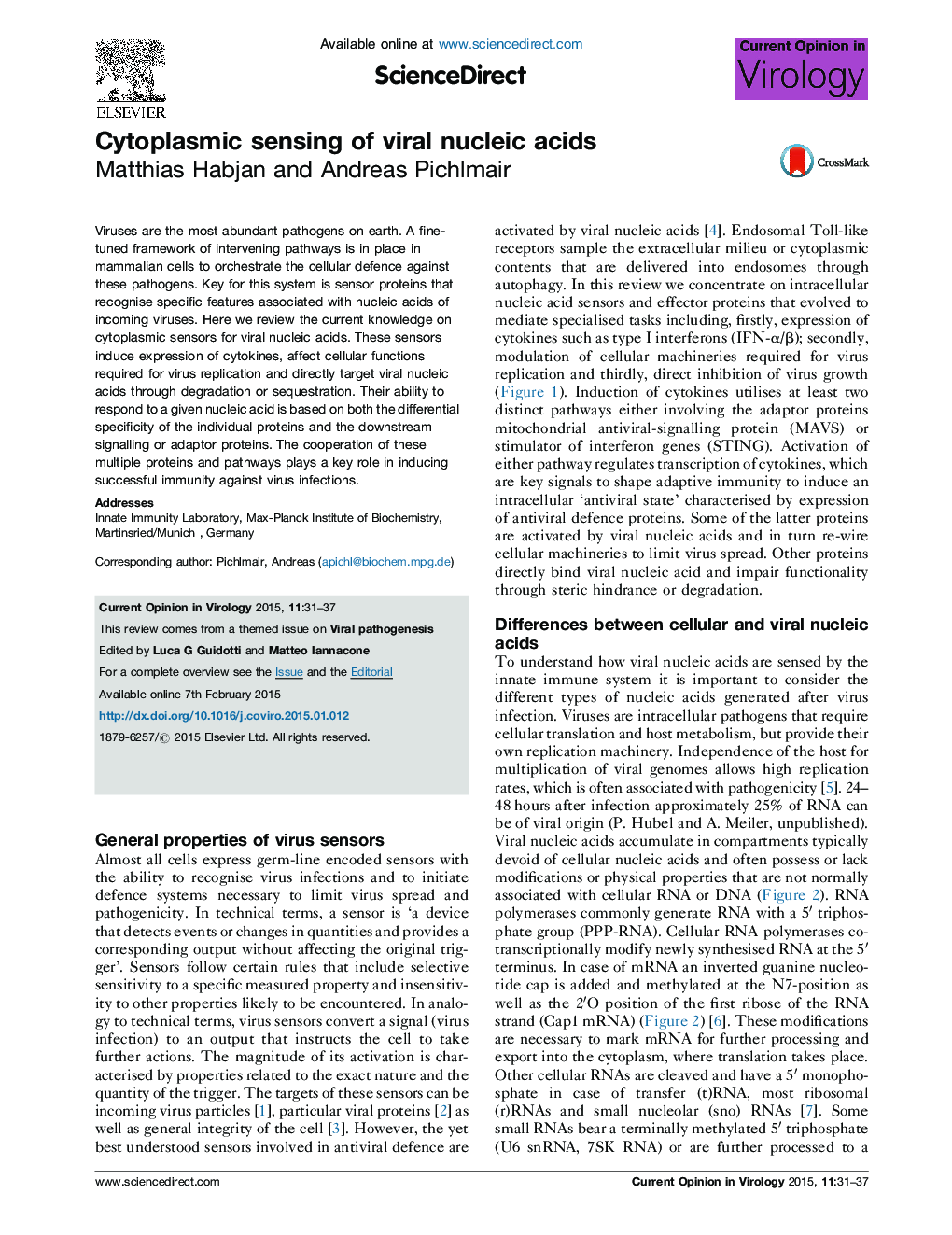 Cytoplasmic sensing of viral nucleic acids