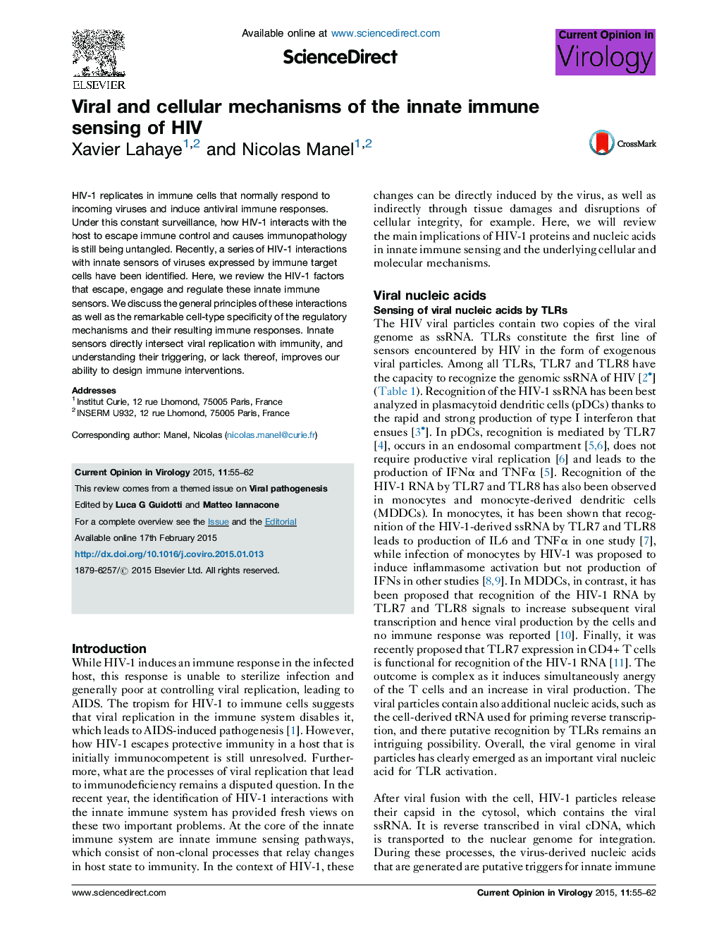 Viral and cellular mechanisms of the innate immune sensing of HIV