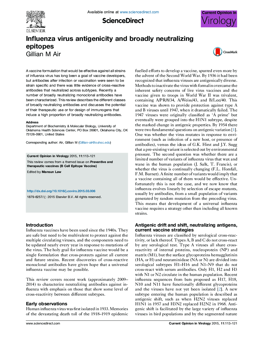 Influenza virus antigenicity and broadly neutralizing epitopes