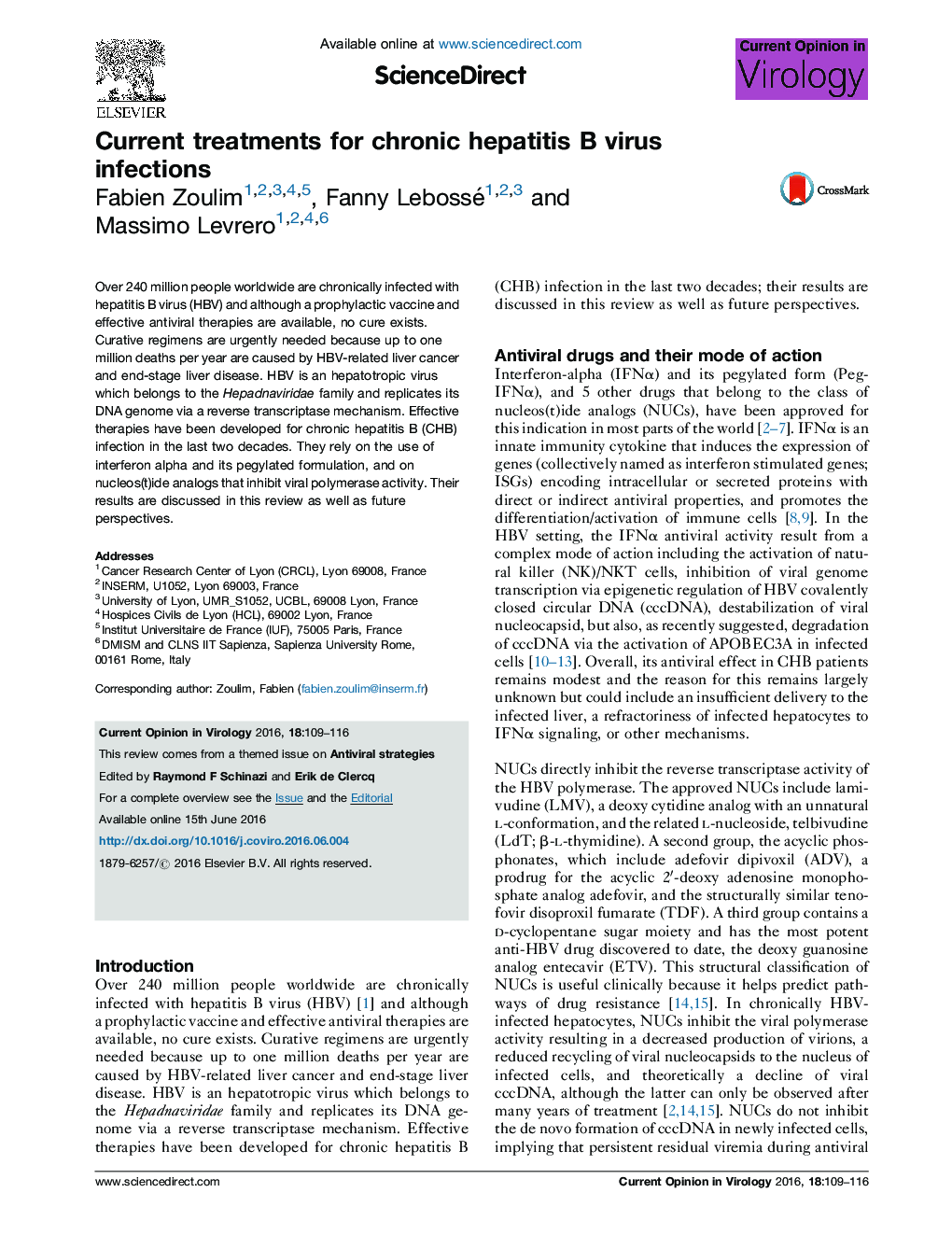 Current treatments for chronic hepatitis B virus infections