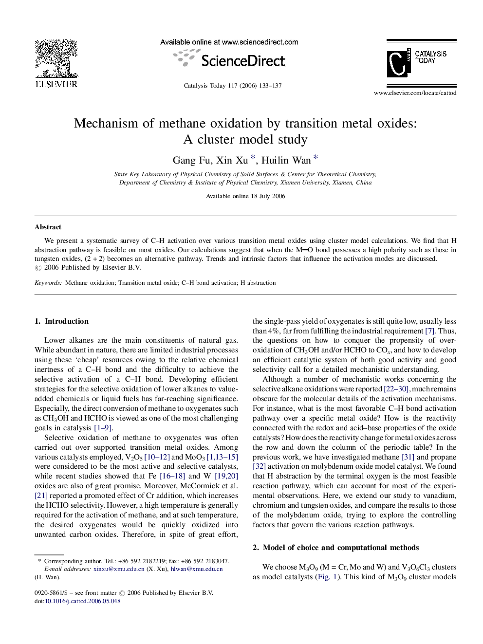 عکس صفحه اول مقاله: Mechanism of methane oxidation by transition metal oxides: A cluster model study Mechanism of methane oxidation by transition metal oxides: A cluster model study