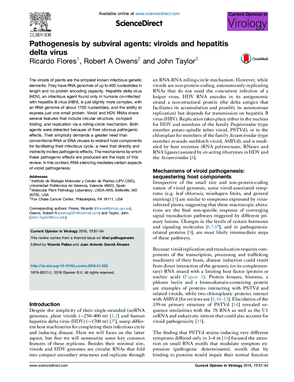 Pathogenesis by subviral agents: viroids and hepatitis delta virus