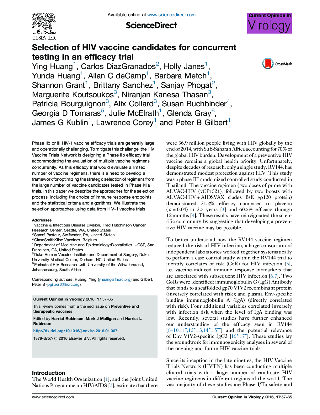 Selection of HIV vaccine candidates for concurrent testing in an efficacy trial