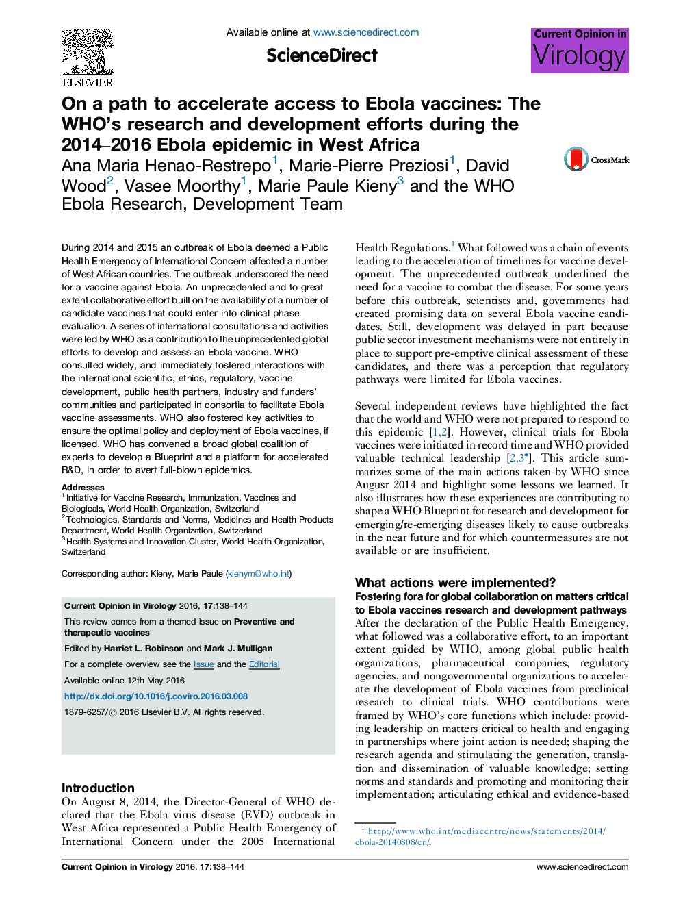 On a path to accelerate access to Ebola vaccines: The WHO's research and development efforts during the 2014-2016 Ebola epidemic in West Africa