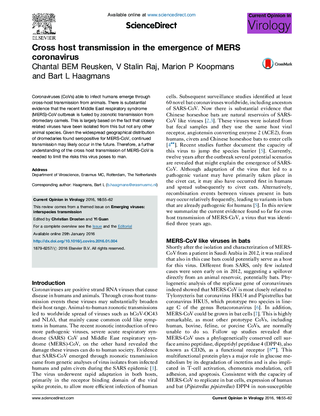 Cross host transmission in the emergence of MERS coronavirus