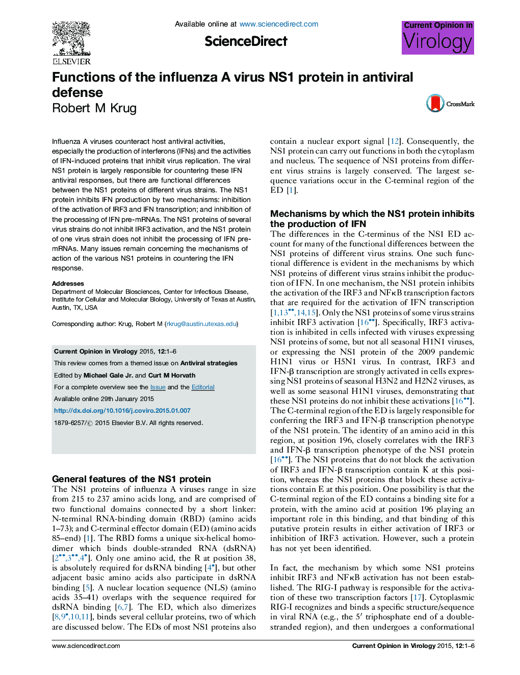 Functions of the influenza A virus NS1 protein in antiviral defense