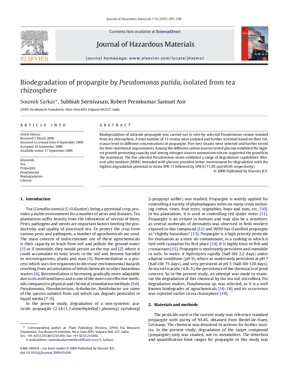 عکس صفحه اول مقاله: Biodegradation of propargite by Pseudomonas putida, isolated from tea rhizosphere Biodegradation of propargite by Pseudomonas putida, isolated from tea rhizosphere