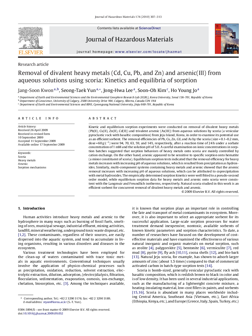 Removal of divalent heavy metals (Cd, Cu, Pb, and Zn) and arsenic(III) from aqueous solutions using scoria: Kinetics and equilibria of sorption