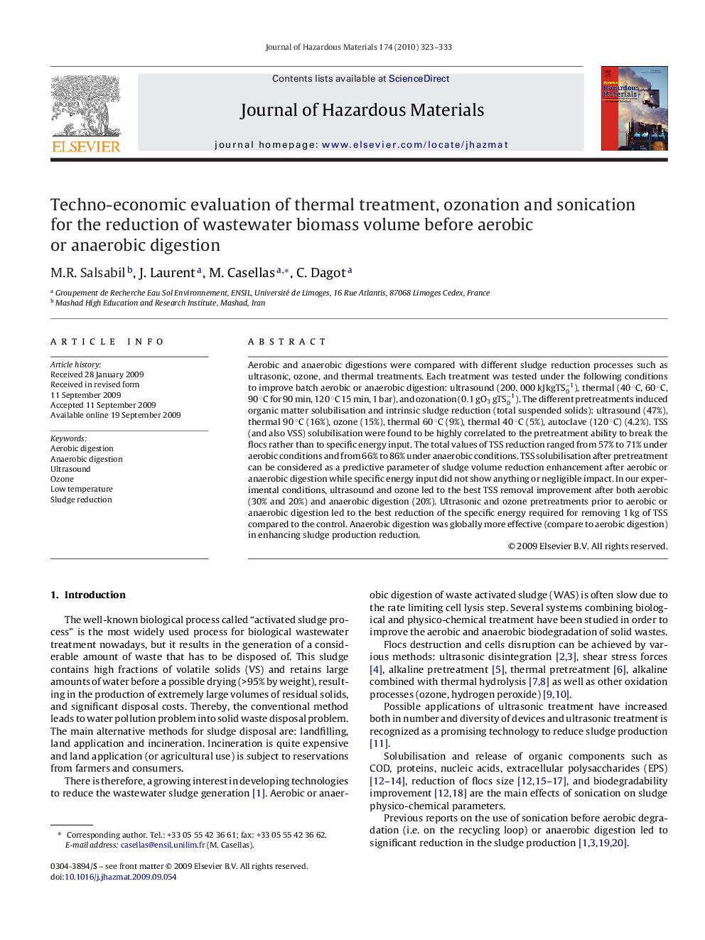 Techno-economic evaluation of thermal treatment, ozonation and sonication for the reduction of wastewater biomass volume before aerobic or anaerobic digestion