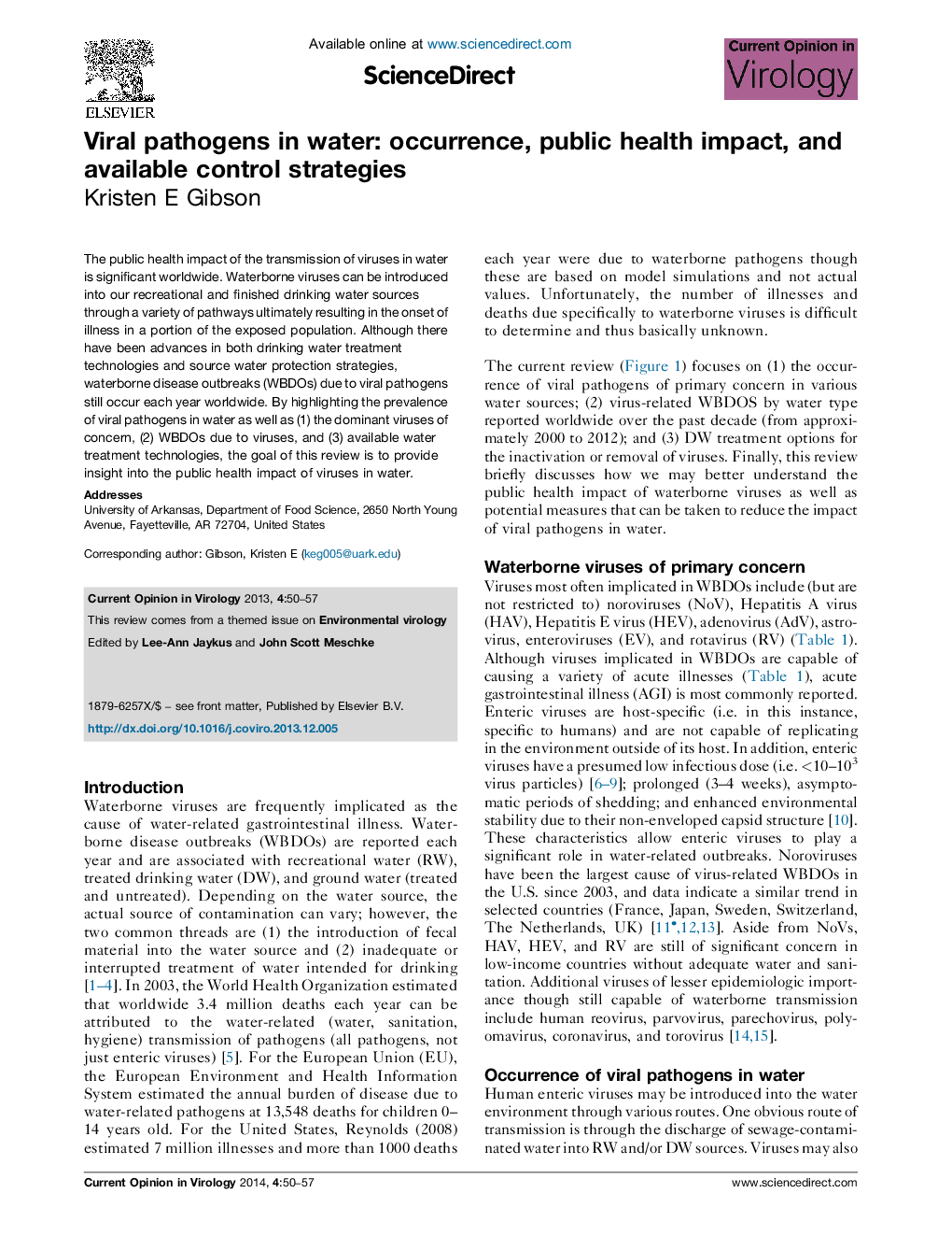 Viral pathogens in water: occurrence, public health impact, and available control strategies