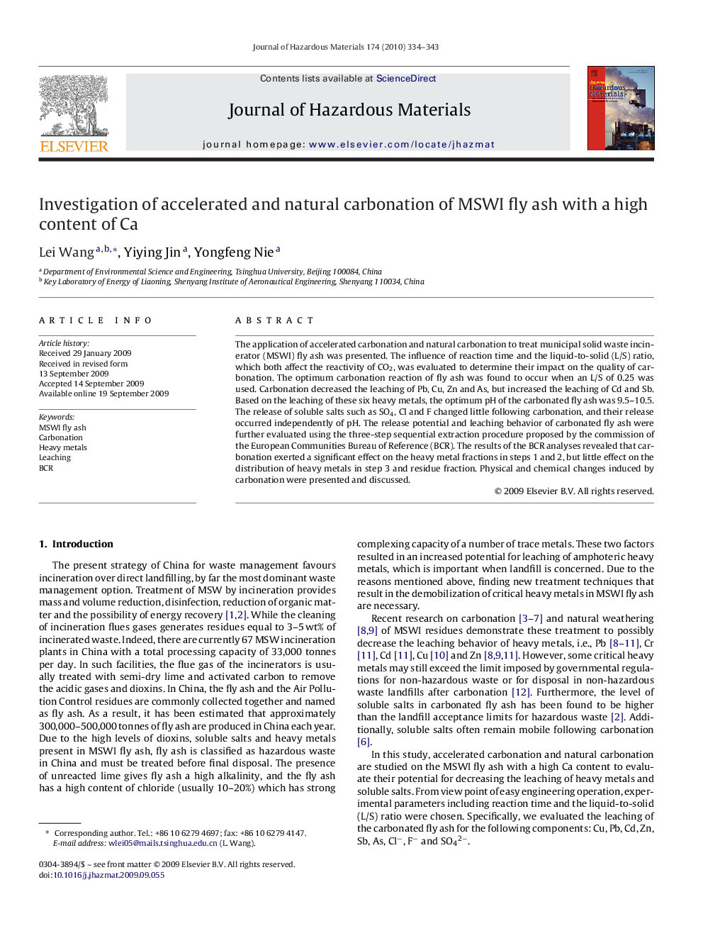 عکس صفحه اول مقاله: Investigation of accelerated and natural carbonation of MSWI fly ash with a high content of Ca Investigation of accelerated and natural carbonation of MSWI fly ash with a high content of Ca
