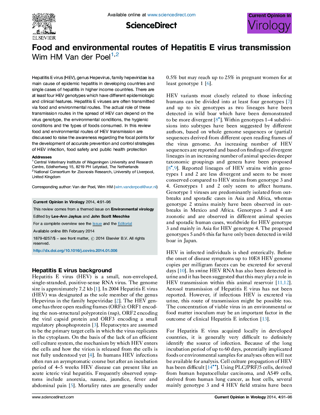 Food and environmental routes of Hepatitis E virus transmission