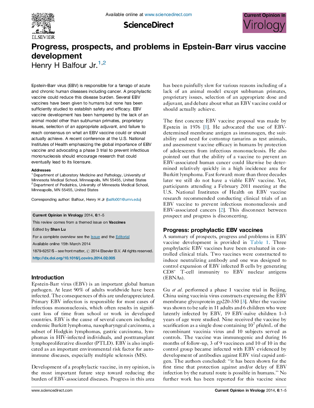 Progress, prospects, and problems in Epstein-Barr virus vaccine development