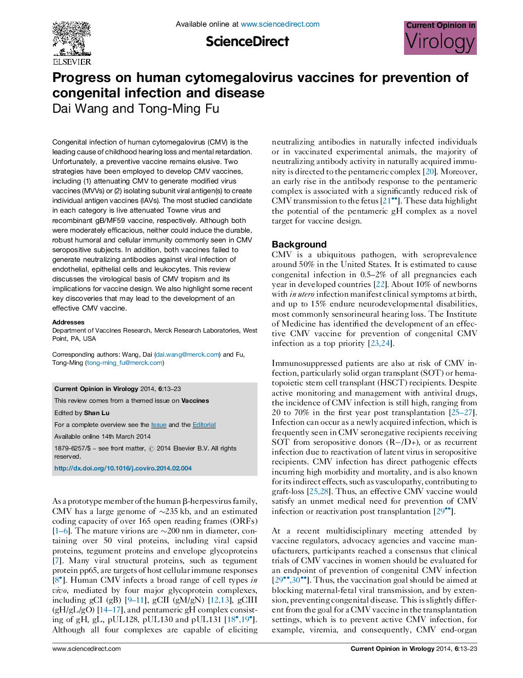 Progress on human cytomegalovirus vaccines for prevention of congenital infection and disease