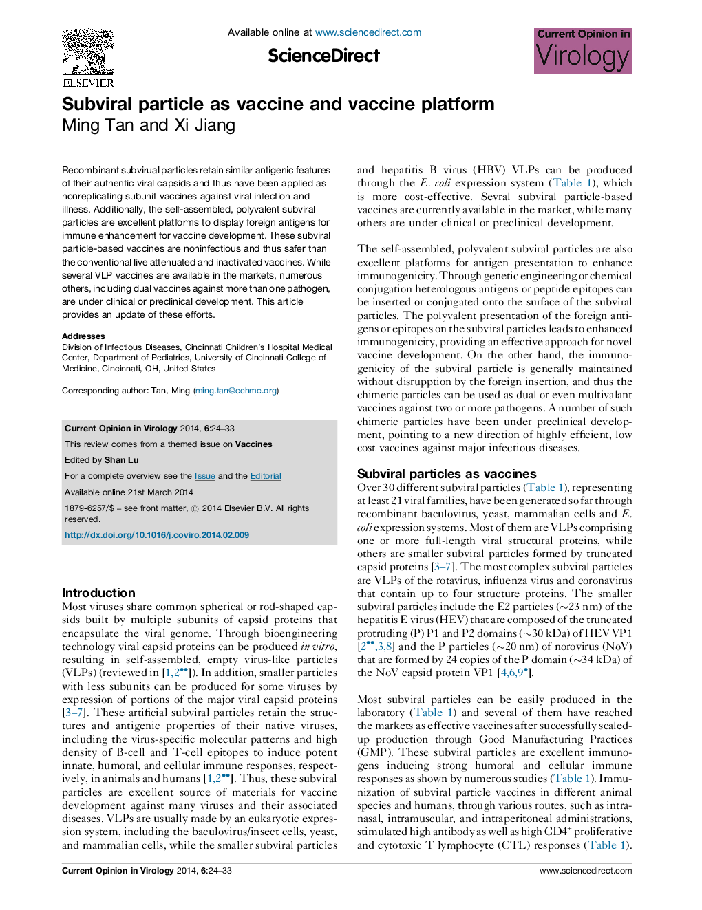 Subviral particle as vaccine and vaccine platform