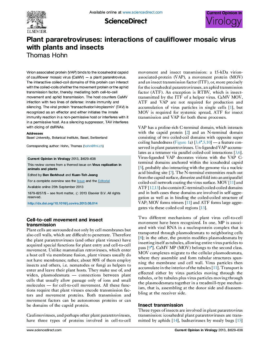 Plant pararetroviruses: interactions of cauliflower mosaic virus with plants and insects