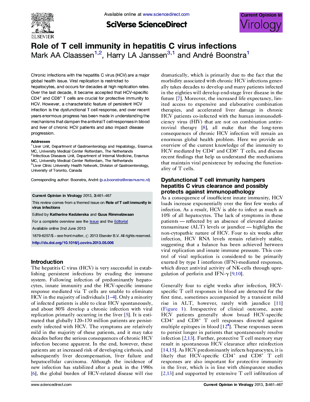 Role of T cell immunity in hepatitis C virus infections