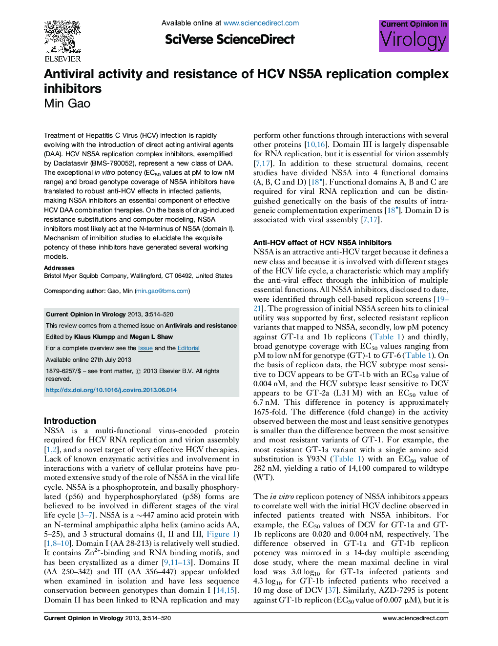 Antiviral activity and resistance of HCV NS5A replication complex inhibitors