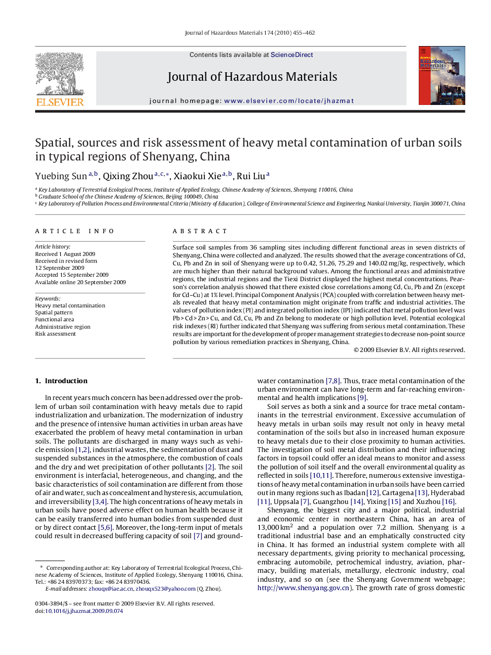 Spatial, sources and risk assessment of heavy metal contamination of urban soils in typical regions of Shenyang, China