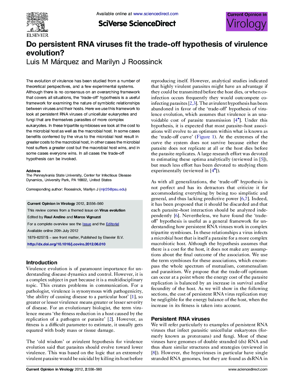 Do persistent RNA viruses fit the trade-off hypothesis of virulence evolution?