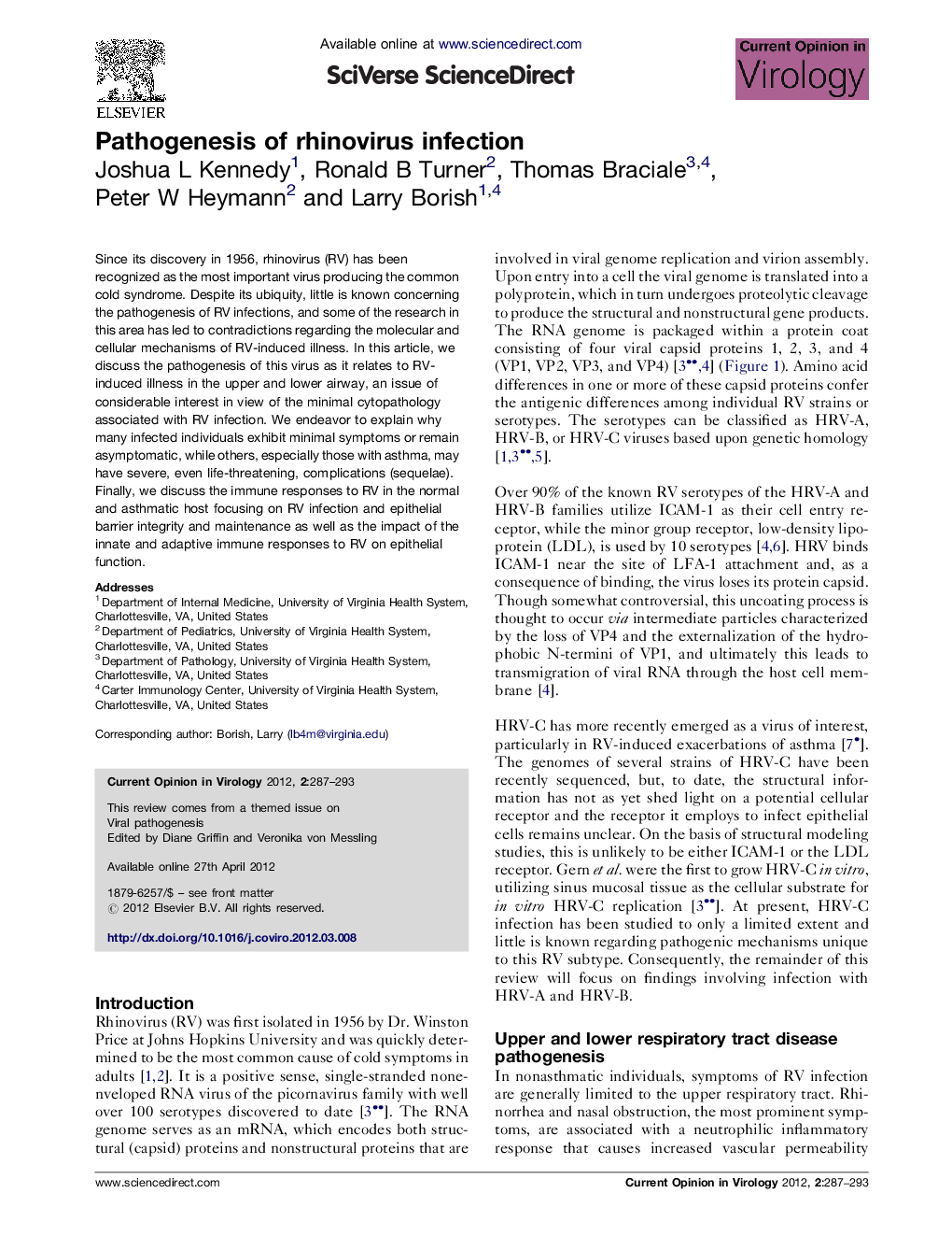 Pathogenesis of rhinovirus infection