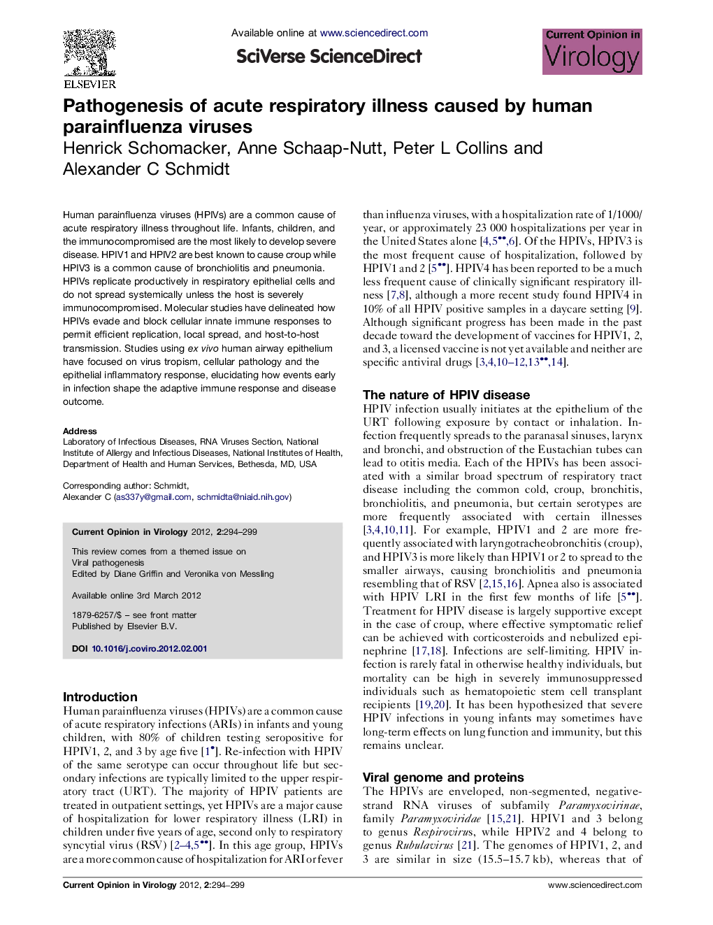 Pathogenesis of acute respiratory illness caused by human parainfluenza viruses