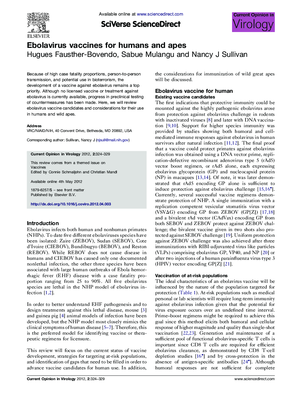 Ebolavirus vaccines for humans and apes