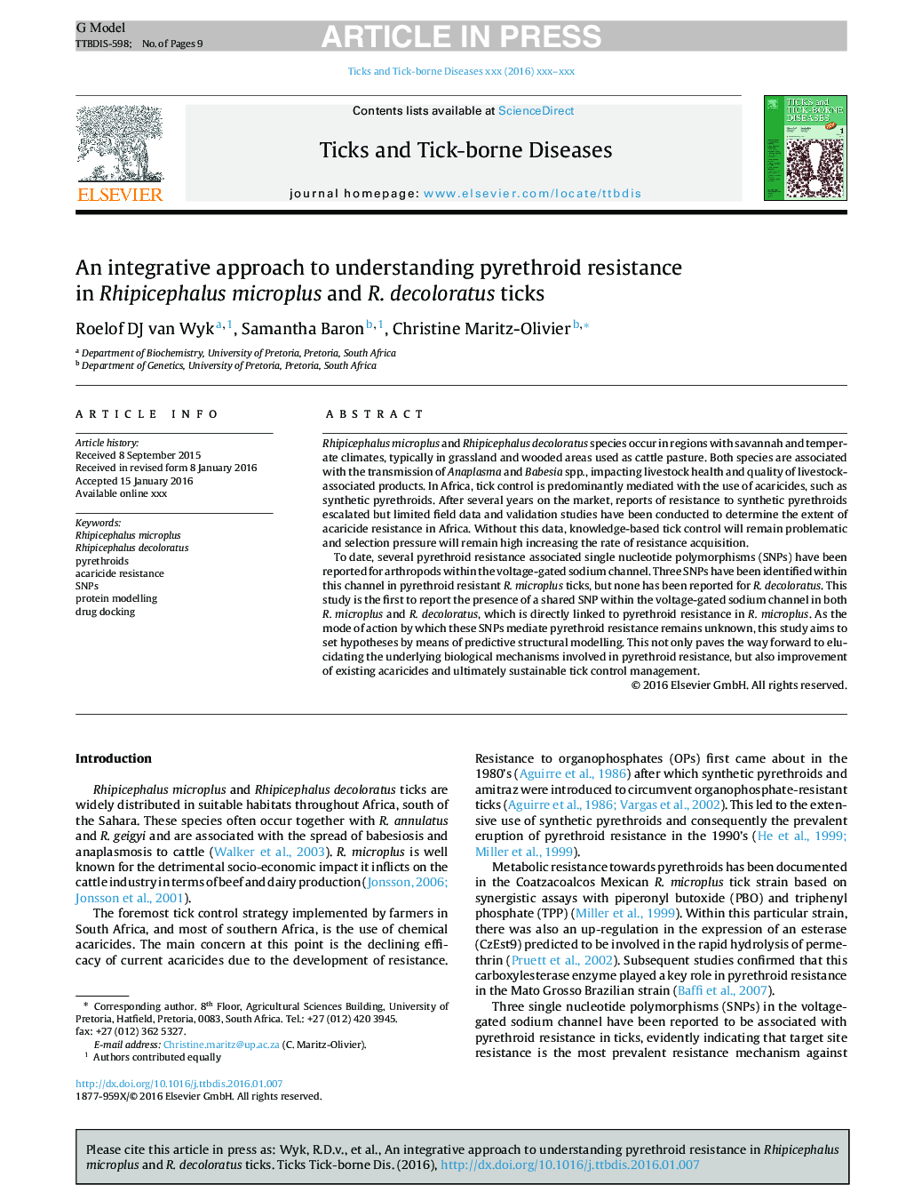 An integrative approach to understanding pyrethroid resistance in Rhipicephalus microplus and R. decoloratus ticks