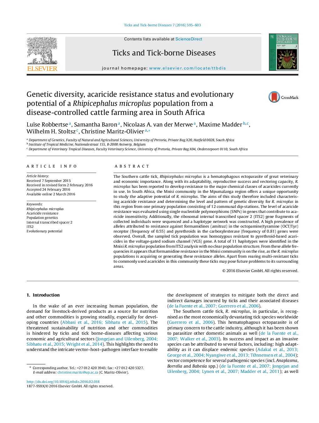 Genetic diversity, acaricide resistance status and evolutionary potential of a Rhipicephalus microplus population from a disease-controlled cattle farming area in South Africa