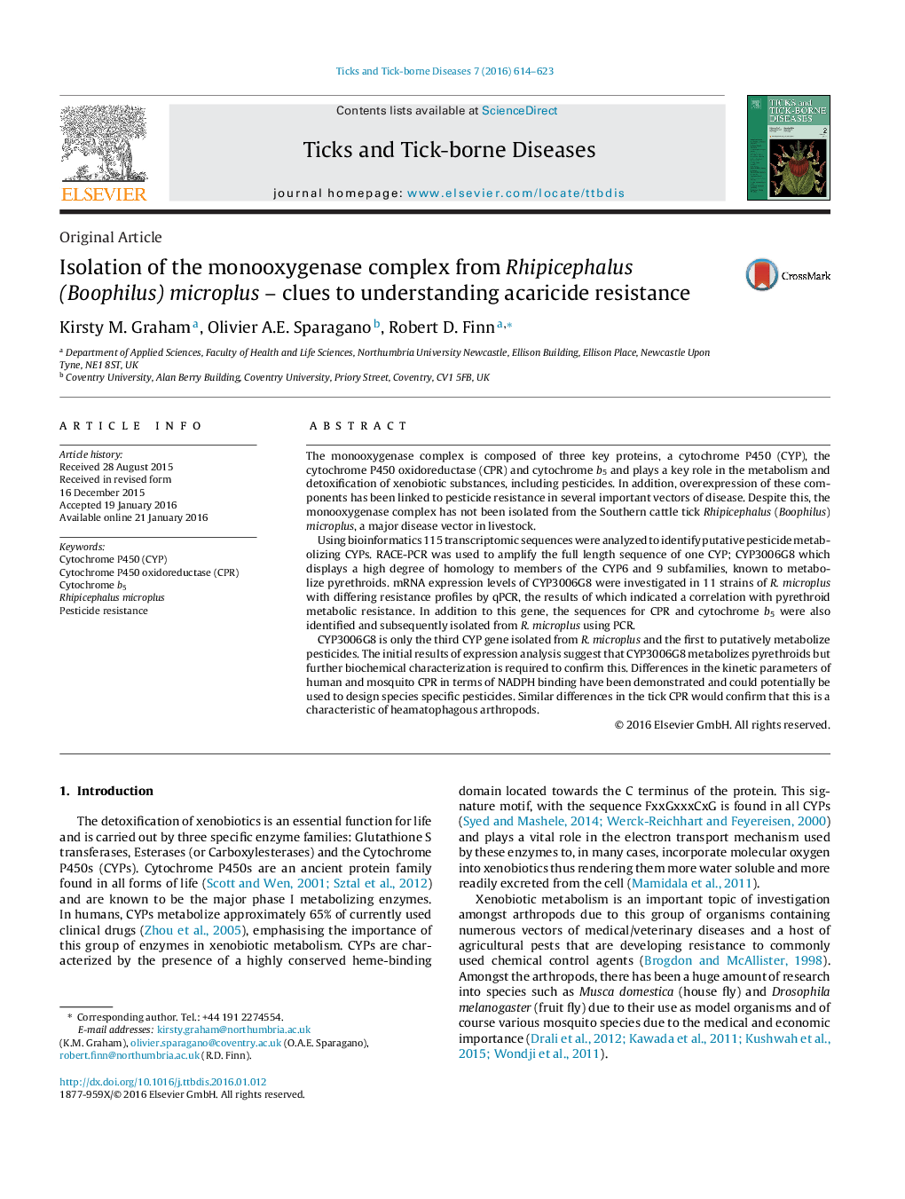 Isolation of the monooxygenase complex from Rhipicephalus (Boophilus) microplus - clues to understanding acaricide resistance