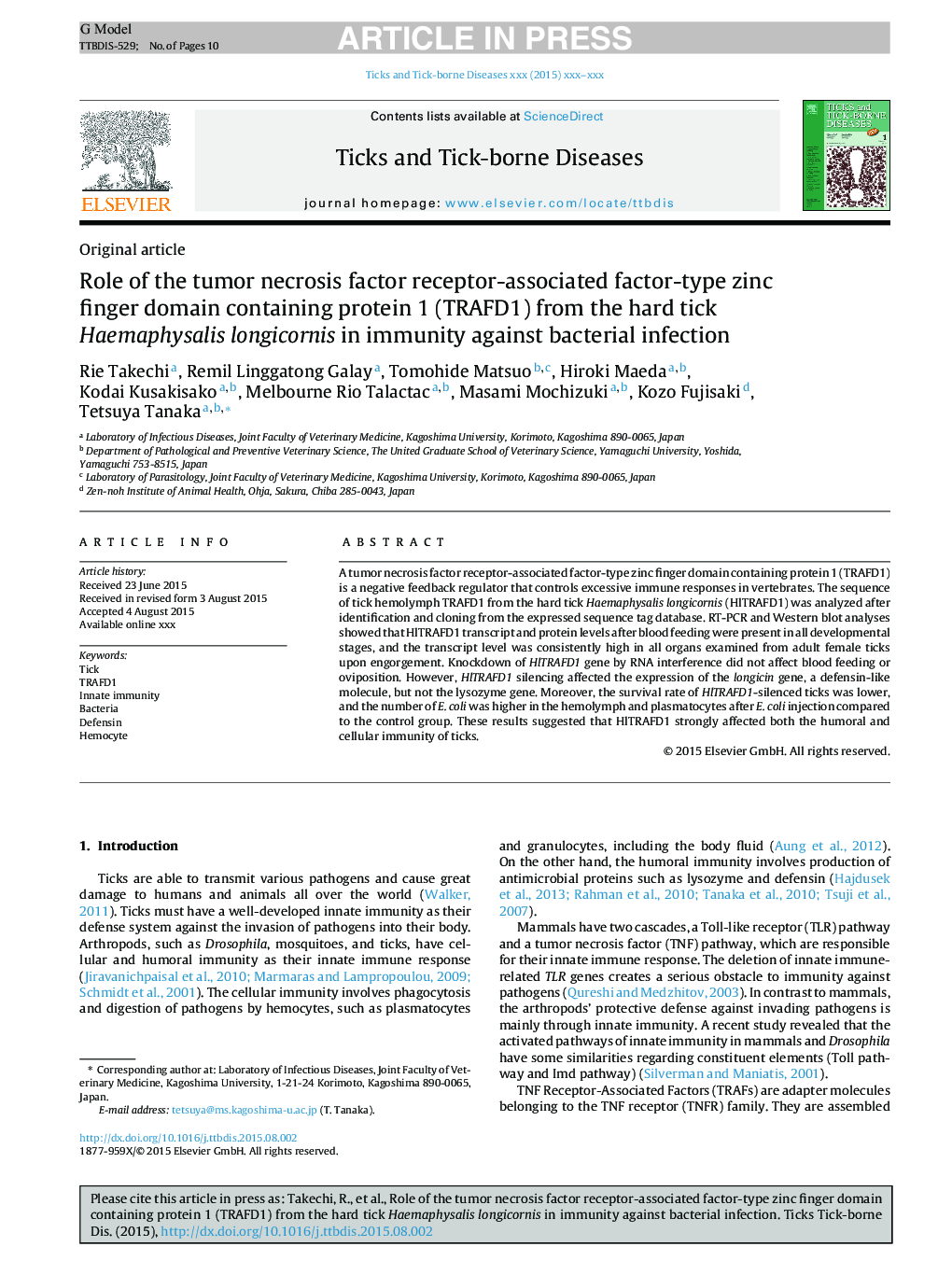 Role of the tumor necrosis factor receptor-associated factor-type zinc finger domain containing protein 1 (TRAFD1) from the hard tick Haemaphysalis longicornis in immunity against bacterial infection