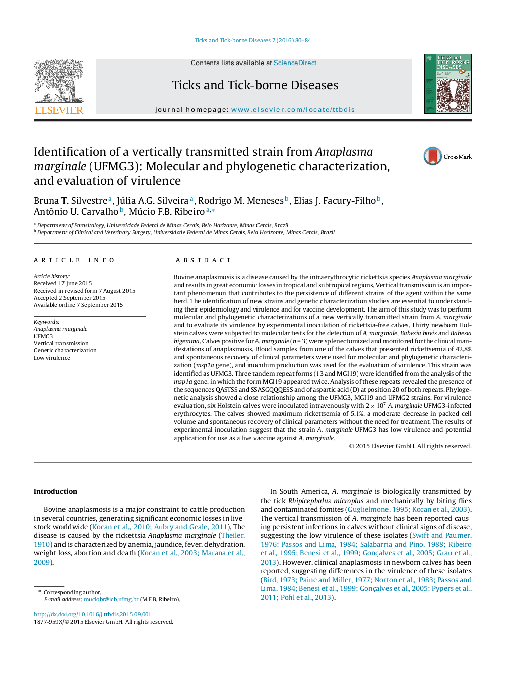 Identification of a vertically transmitted strain from Anaplasma marginale (UFMG3): Molecular and phylogenetic characterization, and evaluation of virulence