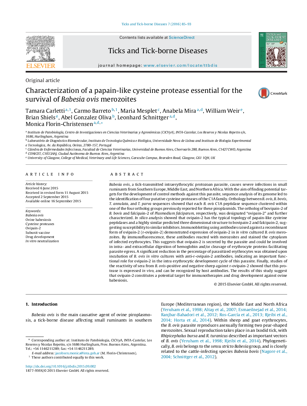 Characterization of a papain-like cysteine protease essential for the survival of Babesia ovis merozoites