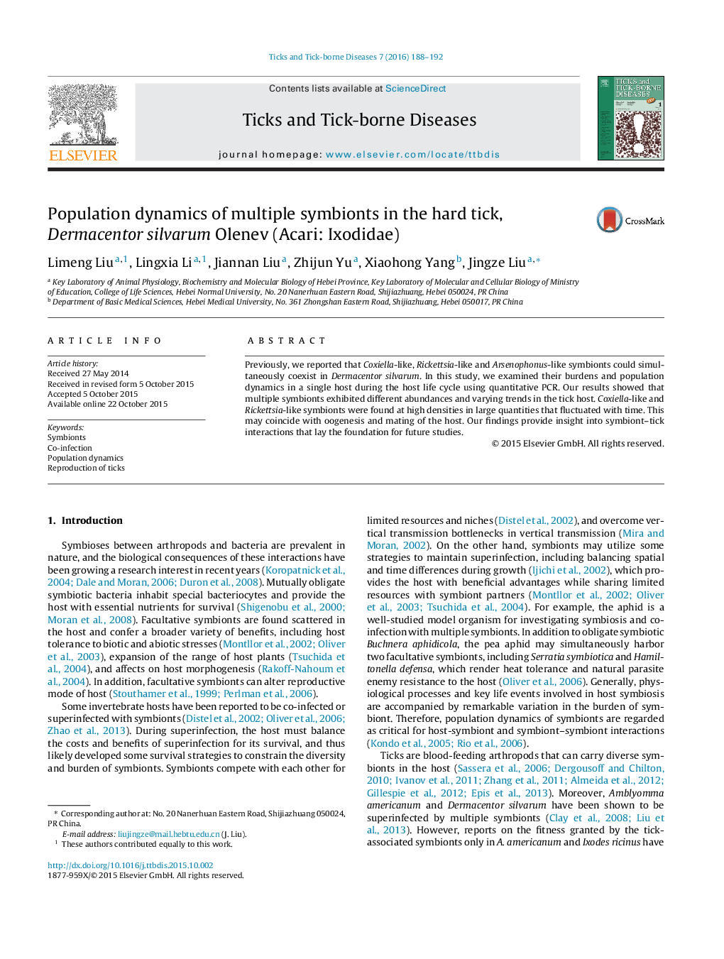 Population dynamics of multiple symbionts in the hard tick, Dermacentor silvarum Olenev (Acari: Ixodidae)