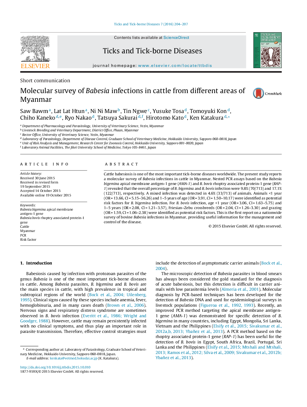 Molecular survey of Babesia infections in cattle from different areas of Myanmar