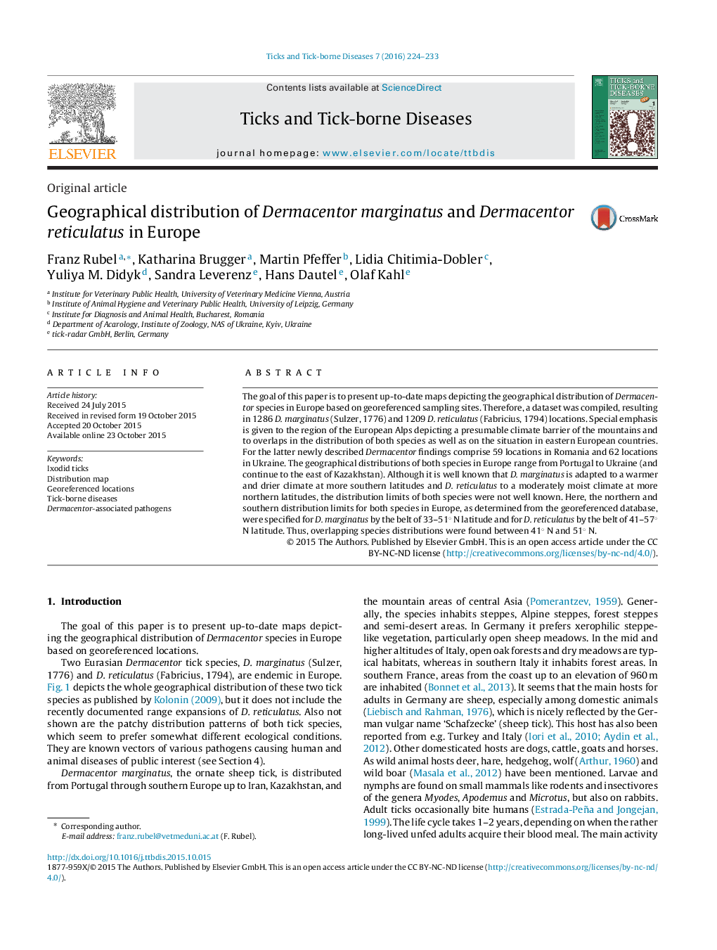 Geographical distribution of Dermacentor marginatus and Dermacentor reticulatus in Europe