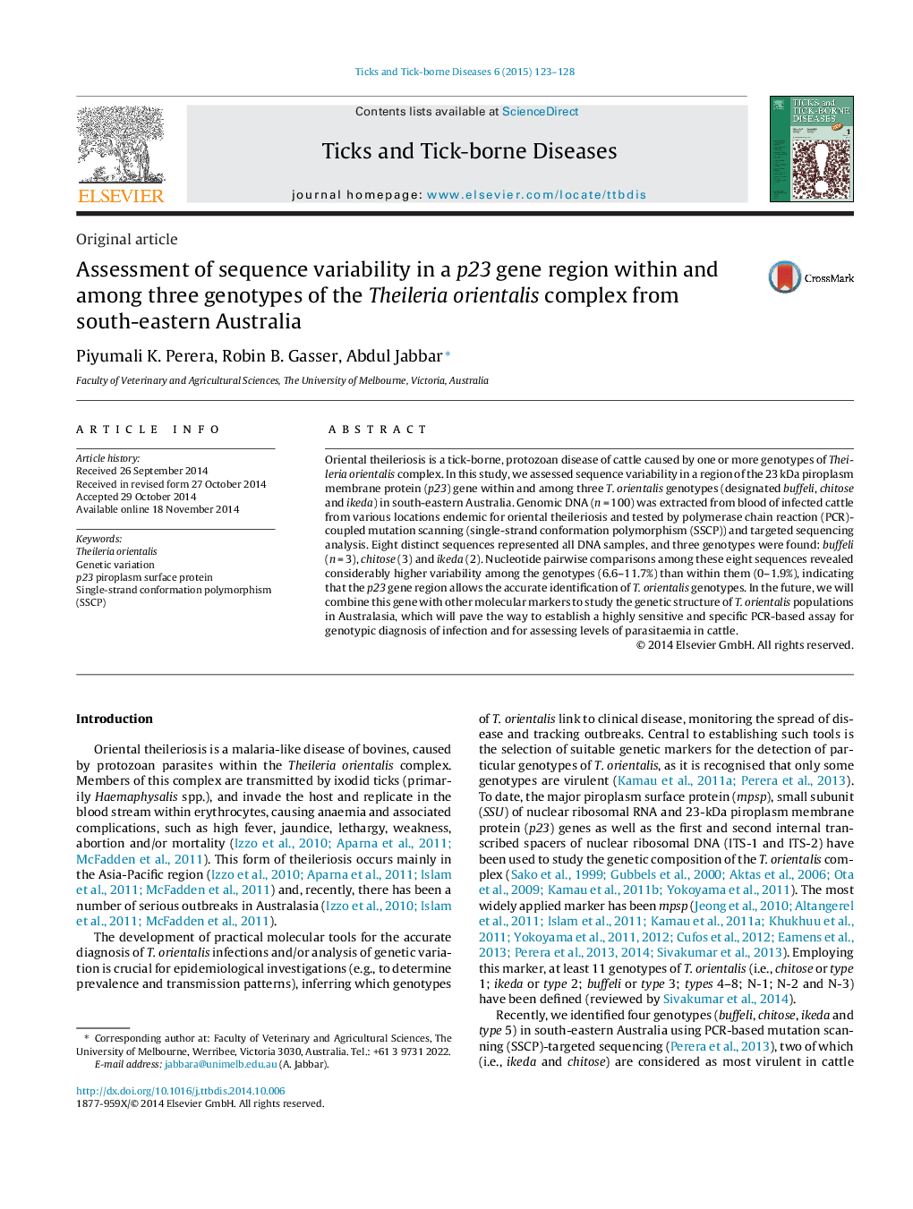 Assessment of sequence variability in a p23 gene region within and among three genotypes of the Theileria orientalis complex from south-eastern Australia