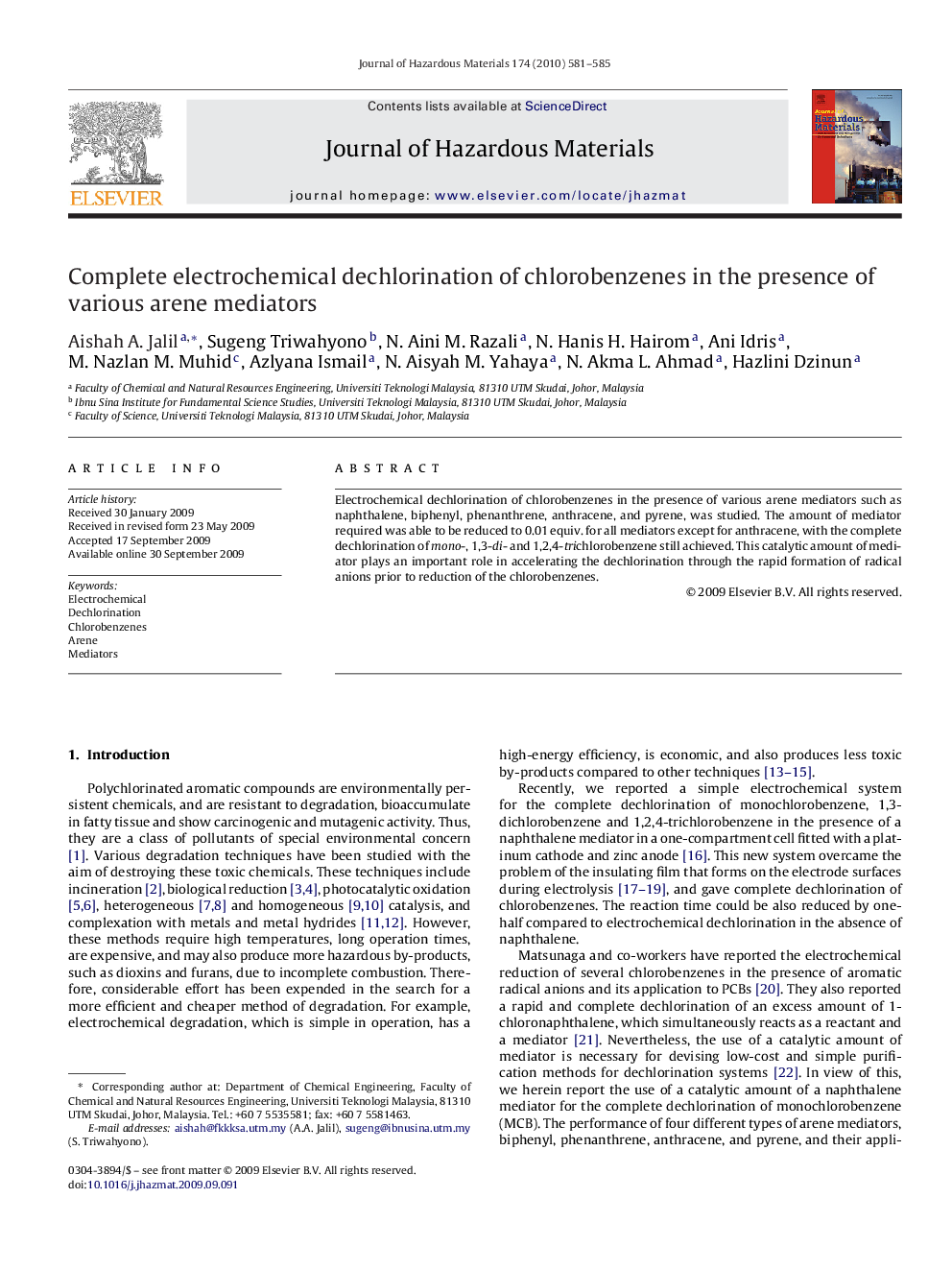 Complete electrochemical dechlorination of chlorobenzenes in the presence of various arene mediators