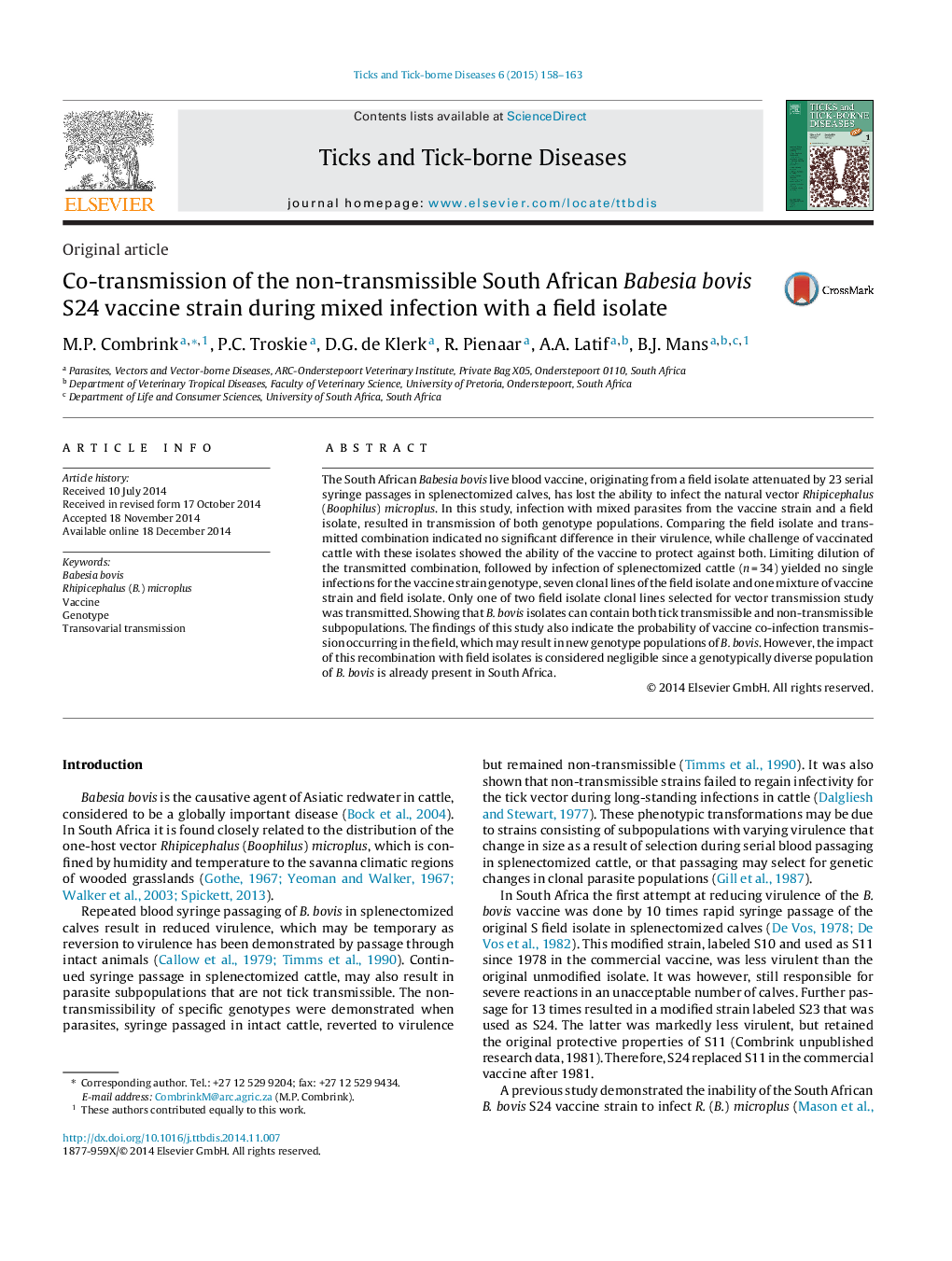 Co-transmission of the non-transmissible South African Babesia bovis S24 vaccine strain during mixed infection with a field isolate