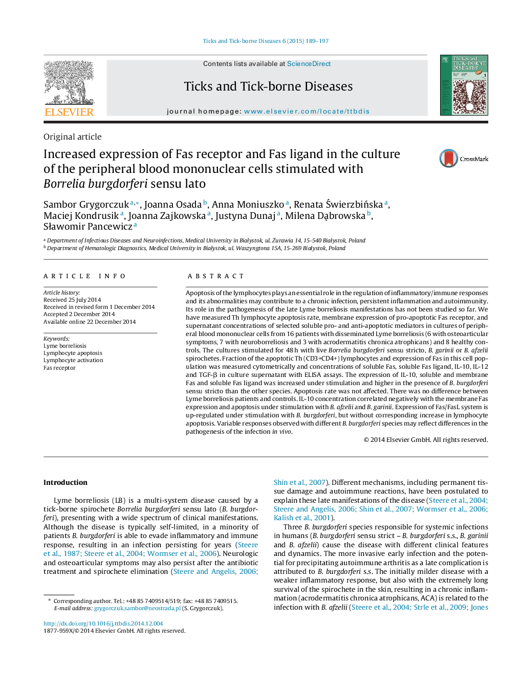 Increased expression of Fas receptor and Fas ligand in the culture of the peripheral blood mononuclear cells stimulated with Borrelia burgdorferi sensu lato