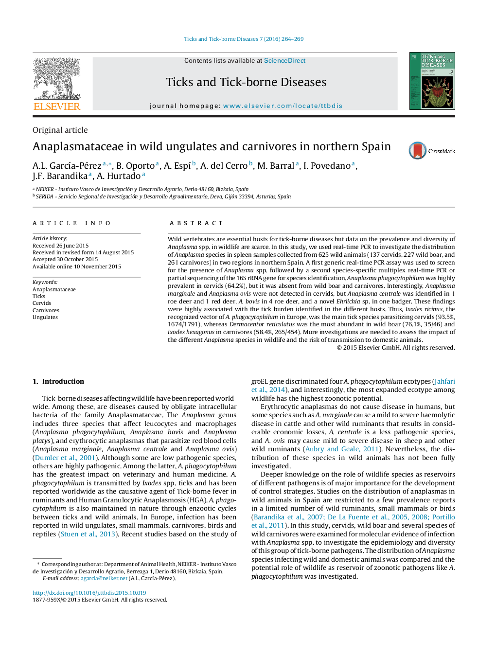 Original articleAnaplasmataceae in wild ungulates and carnivores in northern Spain