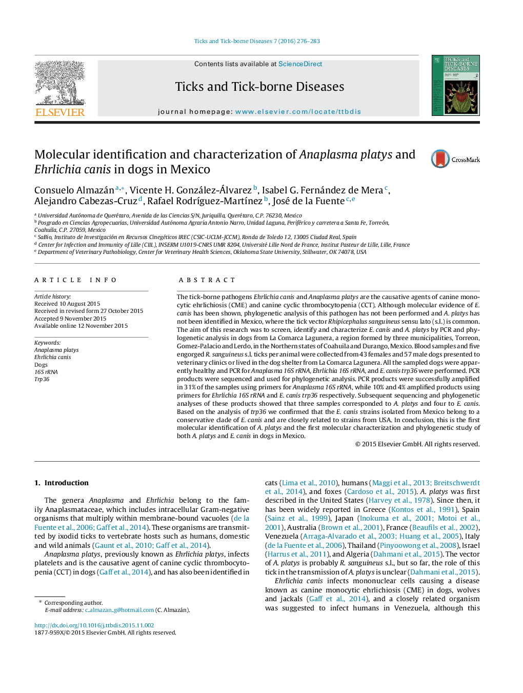 Molecular identification and characterization of Anaplasma platys and Ehrlichia canis in dogs in Mexico